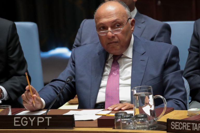 NEW YORK, NY - SEPTEMBER 21: Sameh Shoukry, Minister of Foreign Affairs of Egypt, listens during a UN Security Council meeting concerning nuclear non-proliferation, during the United Nations General Assembly at UN headquarters, September 21, 2017 in New York City. The most pressing issues facing the assembly this year include North KoreaÕs nuclear ambitions, violence against the Rohingya Muslim minority in Myanmar, and the debate over climate change. Drew Angerer/Getty Images/AFP== FOR NEWSPAPERS, INTERNET, TELCOS & TELEVISION USE ONLY ==