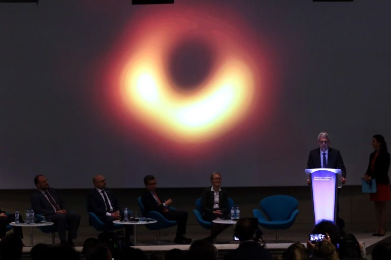 Scientists unveil first ever image of a black hole- - BRUSSELS, BELGIUM - APRIL 10: EU Research, Science and Innovation Commissioner Carlos Moedas holds a news conference on unveiling of first ever image of a black hole taken by Event Horizon Telescope (EHT), a global scientific collaboration involving EU-funded scientists, in Brussels, Belgium on April 10, 2019. A network of eight radio observatories on six mountains and four continents, the EHT observed a black hole in Messier 87, a supergiant elliptical galaxy in the constellation Virgo, on and off for 10 days in April of 2017 to make the image. Six simultaneous press conferences across the globe are being held on this occasion.