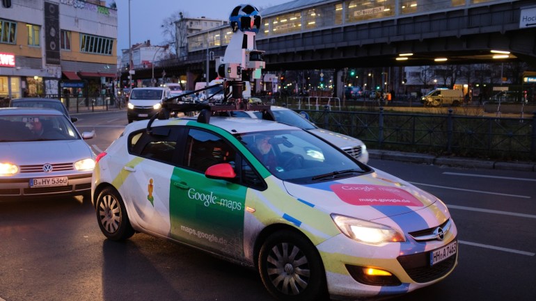 BERLIN, GERMANY - NOVEMBER 29: A Google Maps Street View car with an omnidirectional camera mounted on its roof drives through the Kottbuser Tur intersection in Kreuzberg district on November 29, 2017 in Berlin, Germany. Google Maps is popular in Germany though its Street View function, which allows a user to take a virtual journey through photographed streets, has come under fire by privacy protection activists. (Photo by Sean Gallup/Getty Images)