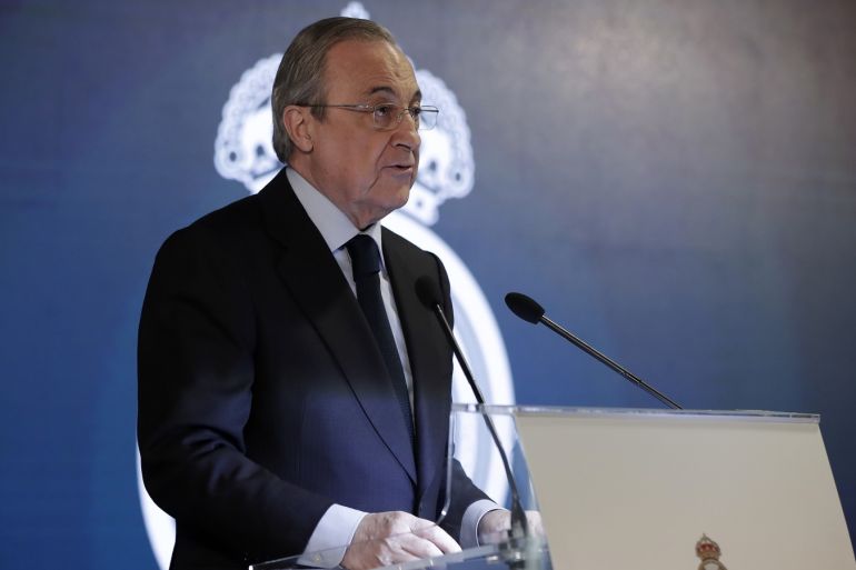Book 'Real Madrid C. F. El mejor del mundo' presented in Madrid- - MADRID, SPAIN - JANUARY 3:   Real Madrid's president Florentino Perez speaks during an event to present the book 'Real Madrid C. F. El mejor del mundo' at the Santiago Bernabeu in Madrid, Spain on January 3, 2019.