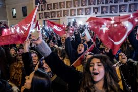 Local elections in Turkey- - ISTANBUL, TURKEY - APRIL 01: People celebrate the unofficial results of local elections near AK Party's Istanbul Provincial Department in Istanbul, Turkey on April 01, 2019.