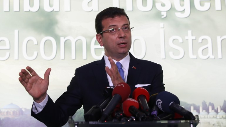 Newly elected mayor of Istanbul, Ekrem Imamoglu- - ISTANBUL, TURKEY - APRIL 18: Newly elected mayor of Istanbul, Ekrem Imamoglu makes a speech during a press conference at the Istanbul Metropolitan Municipality building at Sarachane in Istanbul, Turkey on April 18, 2019.