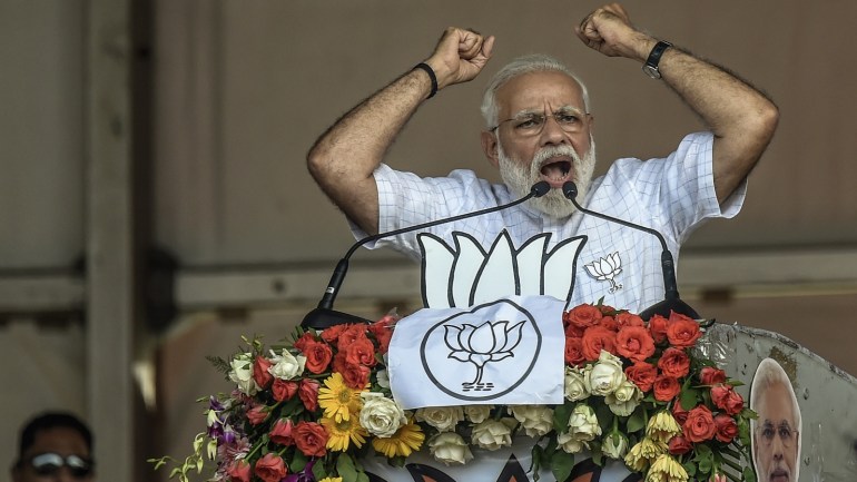 KOLKATA, INDIA - APRIL 3: Indian Prime Minister Narendra Modi speaks at the public rally at Brigade ground on April 3, 2019 in Kolkata, India. Around 900 million people will be casting their ballots during India's general election, which is known to be the largest in the world and scheduled from 11 April to 19 May. (Photo by Atul Loke/Getty Images)