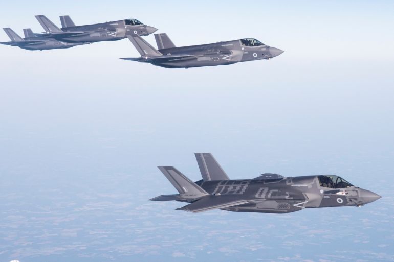 The Royal Air Force's first delivery of F35B aircraft fly from Marine Corps Air Station Beaufort in the U.S. towards their new base RAF Marnham, Britain June 6, 2018.  Picture taken June 6, 2018. SAC Nicholas Egan/MoD Handout via REUTERS  NO RESALES. NO ARCHIVES   THIS IMAGE HAS BEEN SUPPLIED BY A THIRD PARTY. IT IS DISTRIBUTED, EXACTLY AS RECEIVED BY REUTERS, AS A SERVICE TO CLIENTS