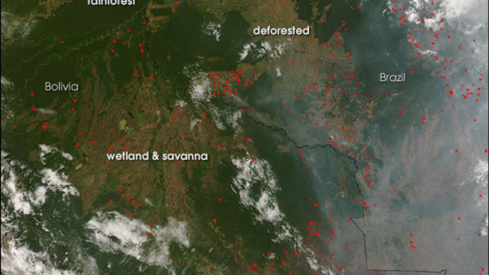 حرائق 22 سبتمبر/أيلول 2017 في غابات الأمازون كما رصدها مرصد الأرض التابع لناسا (ناسا)