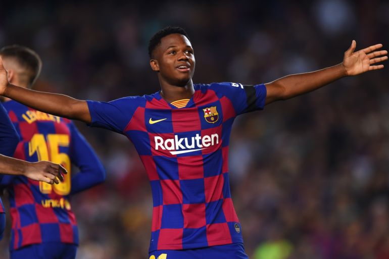 BARCELONA, SPAIN - SEPTEMBER 14: Anssumane Fati of Barcelona celebrates after scoring his team's first goal during the Liga match between FC Barcelona and Valencia CF at Camp Nou on September 14, 2019 in Barcelona, Spain. (Photo by Alex Caparros/Getty Images)