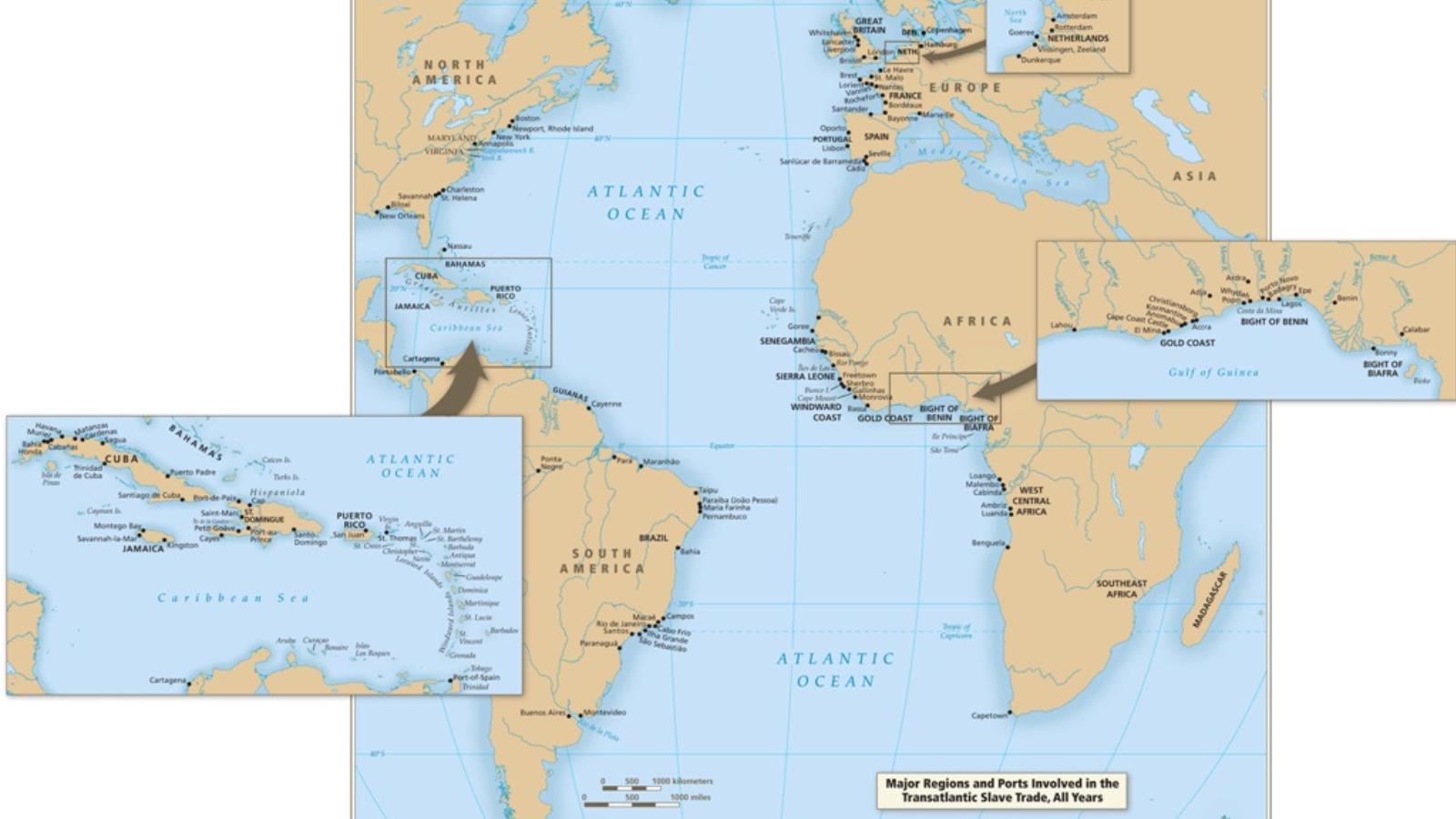 ‪المناطق الرئيسة والموانئ المشاركة في تجارة الرقيق عبر المحيط الأطلنطي‬  (مواقع إلكترونية)
