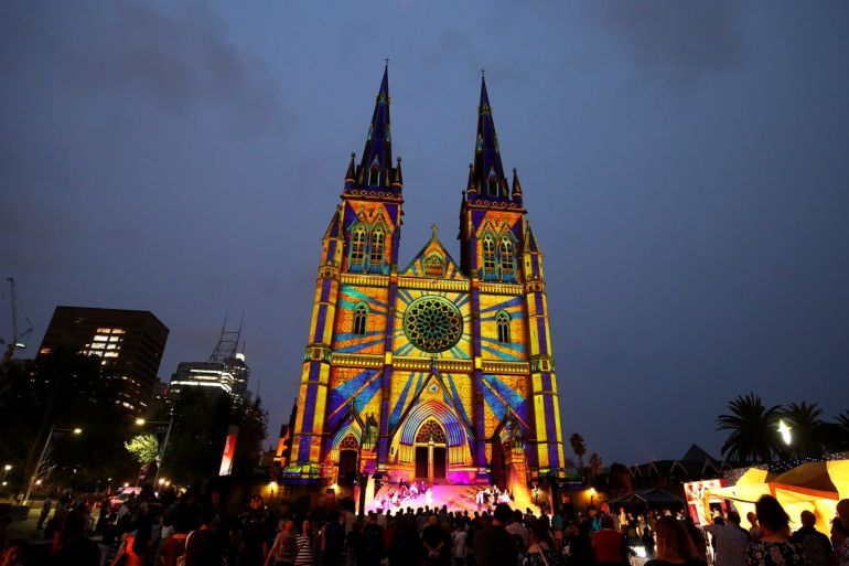 SYDNEY, AUSTRALIA - DECEMBER 06: Projections are displayed on the facade of St Mary's Cathedral during the 'Lights of Christmas'' celebration of Christmas on December 06, 2019 in Sydney, Australia. (Photo by Cameron Spencer/Getty Images)