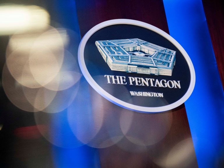 The Pentagon logo is seen behind the podium in the briefing room at the Pentagon in Arlington, Virginia, U.S., January 8, 2020. REUTERS/Al Drago