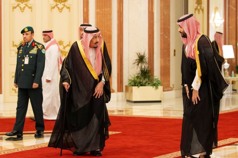 Saudi Arabia's King Salman bin Abdulaziz walks with Crown Prince of Saudi Arabia Mohammad bin Salman during the Gulf Cooperation Council (GCC) summit in Mecca, Saudi Arabia May 30, 2019. Picture taken May 30, 2019. Bandar Algaloud/Courtesy of Saudi Royal Court/Handout via REUTERS ATTENTION EDITORS - THIS IMAGE WAS PROVIDED BY A THIRD PARTY.