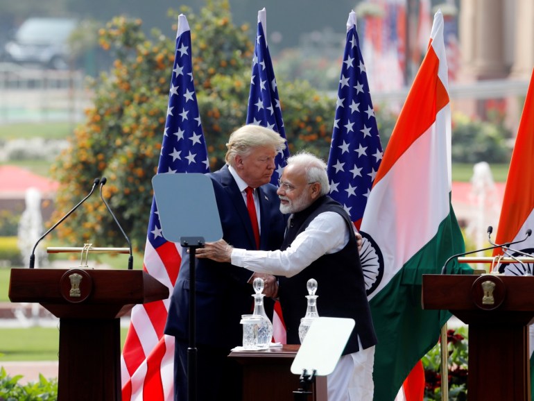 U.S. President Donald Trump and India's Prime Minister Narendra Modi embrace during a joint news conference after bilateral talks at Hyderabad House in New Delhi, India, February 25, 2020. REUTERS/Adnan Abidi