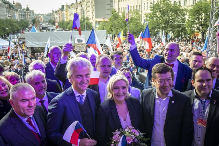 PRAGUE, CZECH REPUBLIC - APRIL 25: Leader of French National Rally party (RN) Marine Le Pen (3rd, R), leader of Czech Freedom and Direct Democracy party (SPD) Tomio Okamura (2nd, R), leader of Dutch Party for Freedom (PVV) Geert Wilders (2nd, L) and leader of Bulgarian 'Volya' party Veselin Mareshki (L) during a meeting of populist far-right party leaders in Wenceslas Square on April 25, 2019 in Prague, Czech Republic. The Czech Freedom and Direct Democracy party (SPD), a member party of The Movement for a Europe of Nations and Freedom in the European Parliament, is set to officially launch its EU election campaign ahead of next month’s European elections. (Photo by Gabriel Kuchta/Getty Images)