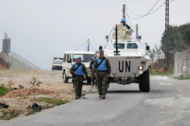 UN peacekeepers (UNIFIL) patrol the border with Israel near the village of Kfar Kila
