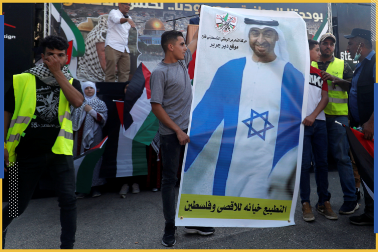 Palestinians hold a picture depicting Abu Dhabi Crown Prince Mohammed bin Zayed al-Nahyan during a protest against normalizing relations with Israel, in Turmus Ayya town near Ramallah, in the Israeli-occupied West Bank August 19, 2020. REUTERS/Mohamad Torokman