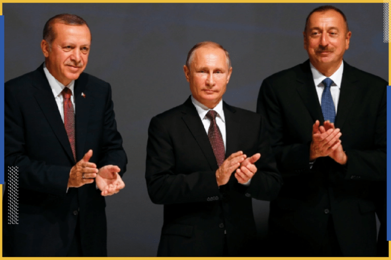 الرئيس الأذربيجاني "إلهام علييف" (يمين) والرئيس الروسي "فلاديمير بوتين" والرئيس التركي "رجب طيب أردوغان" (رويترز)