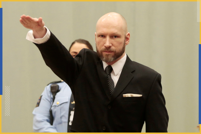 Anders Behring Breivik raises his right hand during the appeal case in Borgarting Court of Appeal at Telemark prison in Skien, Norway, 10 January 2017. NTB Scanpix/Lise Aaserud via REUTERS ATTENTION EDITORS - THIS IMAGE WAS PROVIDED BY A THIRD PARTY. FOR EDITORIAL USE ONLY. NOT FOR SALE FOR MARKETING OR ADVERTISING CAMPAIGNS. NORWAY OUT. NO COMMERCIAL OR EDITORIAL SALES IN NORWAY. NO COMMERCIAL SALES. TPX IMAGES OF THE DAY