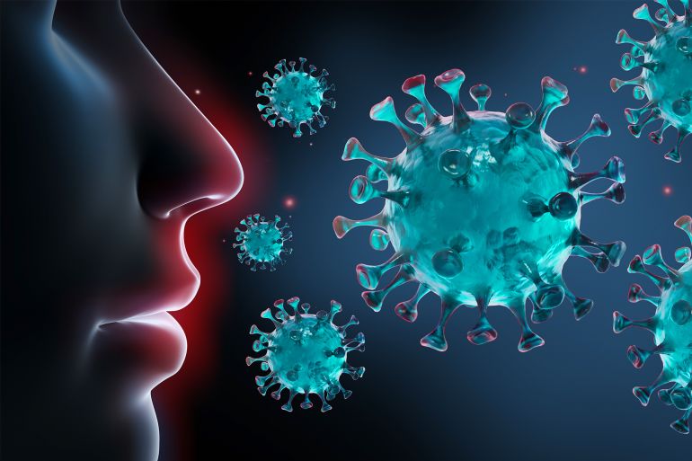 جفاف الأنف.. عرض جديد لكورونا كورونا كوفيد-19 Coronavirus in front of human face- flu outbreak or coronaviruses influenza - 3D illustration; Shutterstock ID 1634310124; Department: -