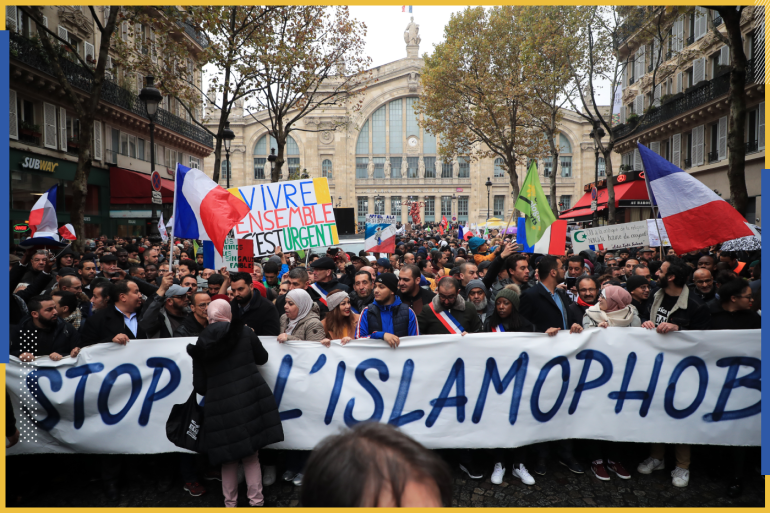 epa07986133 People and members of anti-racism associations gather to protest against Islamophobia at the Gare du Nord in Paris, France, 10 November 2019. Protesters gathered to protest against the anti-Muslim acts in France. The demonstration was...