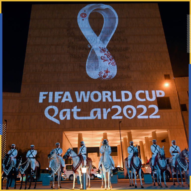 epa08872017 (FILE) - The official emblem for the FIFA World Cup Qatar 2022 is displayed on the facade of the Msheireb Downtown Doha building at Souq Waqif in Doha, Qatar on 03 September 2019. World Cup 2022 host Qatar takes part in the European qualification for the 2022 World Cup, the European Soccer Federation UEFA confirmed on 08 December 2020. Matches will start in March and the Emirate will play in Group A with European champion Portugal, Serbia, Ireland, Luxemburg and Azerbaijan. The emirate's national team shall thus gain competitive experience for the final round at home (November 21 to December 18). It is unlikely that points against Qatar will count for the European nations. EPA-EFE/Noushad Thekkayil