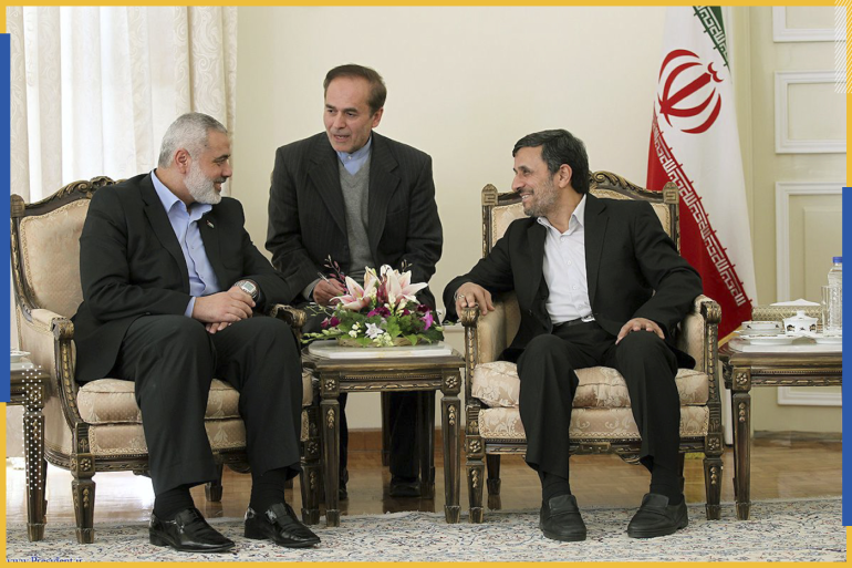 Hamas leader Ismail Haniyeh (L) speaks with Iranian President Mahmoud Ahmadinejad (R) during an official meeting in Tehran February 12, 2012. REUTERS/President.ir/Handout (IRAN - Tags: POLITICS) FOR EDITORIAL USE ONLY. NOT FOR SALE FOR MARKETING OR ADVERTISING CAMPAIGNS. THIS IMAGE HAS BEEN SUPPLIED BY A THIRD PARTY. IT IS DISTRIBUTED, EXACTLY AS RECEIVED BY REUTERS, AS A SERVICE TO CLIENTS