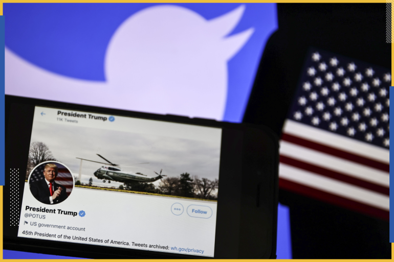 Trump after Twitter ban: 'We will not be SILENCED!'- - ANKARA, TURKEY - JANUARY 09: In this photo illustration, screens display logo of Twitter and the official POTUS Twitter account in Ankara, Turkey on January 09, 2021. Twitter removes US President Donald Trump's tweets from POTUS account.