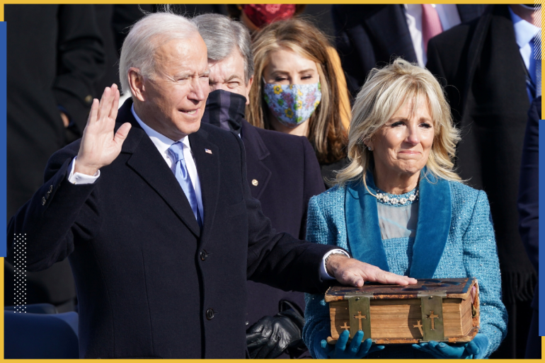 Joe Biden is sworn in as the 46th President of the United States as his wife Jill Biden holds a bible on the West Front of the U.S. Capitol in Washington, U.S., January 20, 2021. REUTERS/Kevin Lamarque TPX IMAGES OF THE DAY