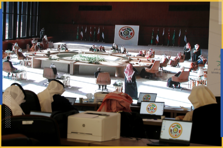A general view of the Gulf Cooperation Council's (GCC) 41st Summit, is pictured via screen at the media centre in Al-Ula, Saudi Arabia January 5, 2021. REUTERS/Ahmed Yosri