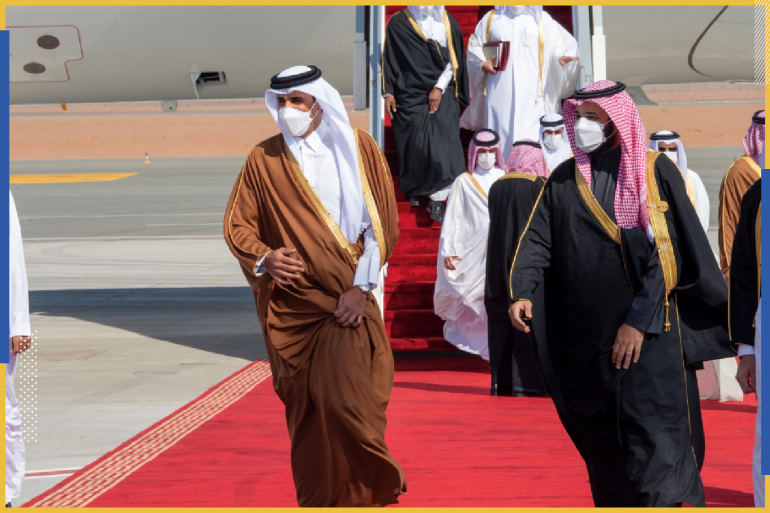 Saudi Arabia's Crown Prince Mohammed bin Salman welcomes Qatar's Emir Sheikh Tamim bin Hamad al-Thani upon his arrival to attend the Gulf Cooperation Council's (GCC) 41st Summit in Al-Ula, Saudi Arabia January 5, 2021. Bandar Algaloud/Courtesy of Saudi Royal Court/Handout via REUTERS ATTENTION EDITORS - THIS PICTURE WAS PROVIDED BY A THIRD PARTY