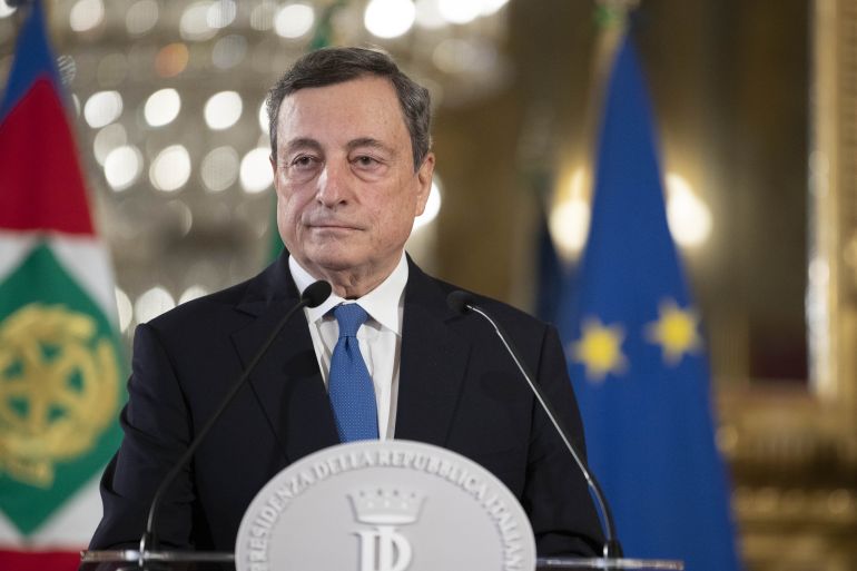 Mario Draghi holds a press conference