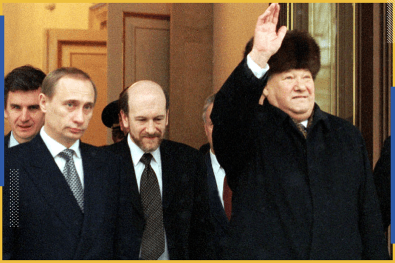 Russian President Boris Yeltsin waves a final farewell to the Kremlin as Prime Minister Vladimir Putin (L) and Russia's top officials look on after the official transfer of power in Moscow December 31. [In a broadcast on national television on Friday Yeltsin announced his shock resignation after eight years as leader of the world's largest country.]