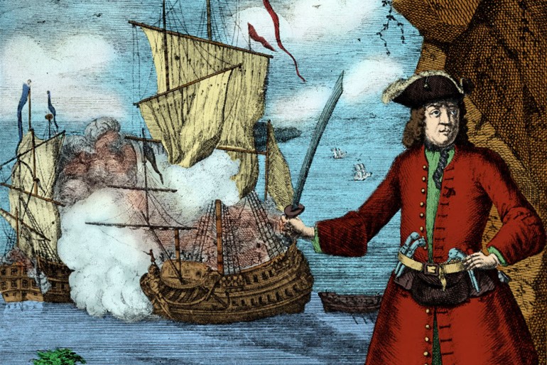 Captain John Avery, engraving. Caption reads 'Captain John Avery taking the Great Mogul 's ship'. The pirate, John Avery and his crew, captured the the Moghul emperor Aurangzeb 's largest ship, the Ganj-i-Sawai and her escort ship, the Fateh Muhammed, in the Indian ocean. JA: (Avary, Henry Every, Captain Bridgeman, Long Ben) English buccaneer, active c. June 1694 to September 1695. (Photo by Culture Club/Getty Images) *** Local Caption ***