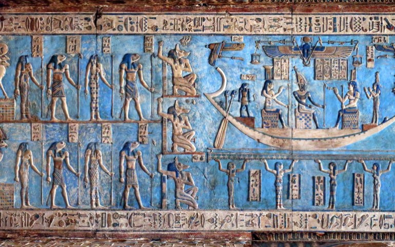 Hieroglyphic carvings and paintings on the interior walls of an ancient egyptian temple in Dendera; Shutterstock ID 241725661; Department: online