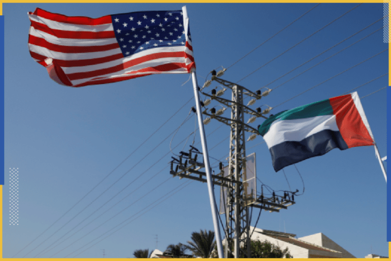 The flags of the U.S., United Arab Emirates, Israel and Bahrain flutter along a road in Netanya, Israel September 14, 2020. REUTERS/Nir Elias