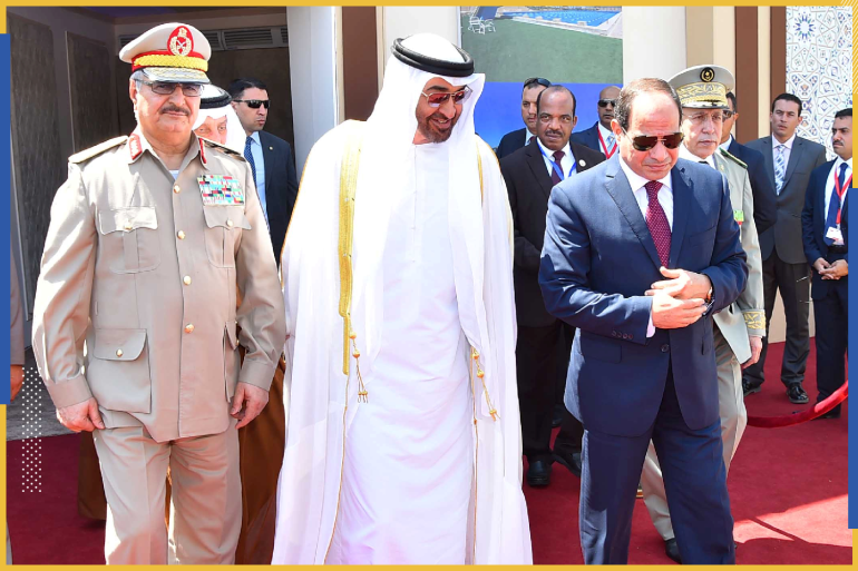 Egyptian President Abdel Fattah al-Sisi (R) arrives with Arab leaders Sheikh Mohammed bin Zayed (C), Crown Prince of Abu Dhabi, and General Khalifa Haftar (L), commander in the Libyan National Army and members of the Egyptian military at the opening of the Mohamed Najib military base, the graduation of new graduates from military colleges, and the celebration of the 65th anniversary of the July 23 revolution at El Hammam City in the North Coast, in Marsa Matrouh, Egypt, July 22, 2017 in this handout picture courtesy of the Egyptian Presidency. The Egyptian Presidency/Handout via REUTERS ATTENTION EDITORS - THIS IMAGE WAS PROVIDED BY A THIRD PARTY