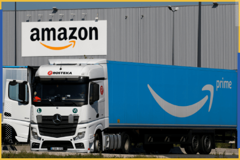 A truck with the logo of Amazon Prime Delivery is seen at the Amazon logistics center in Lauwin-Planque, northern France, April 22, 2020 after Amazon extended the closure of its French warehouses until April 25 included, following dispute with unions over health protection measures amid the coronavirus disease (COVID-19) outbreak. REUTERS/Pascal Rossignol