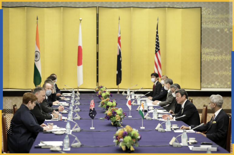 Quadrilateral Security Dialogue (Quad) ministerial meeting in Japan- - TOKYO, JAPAN - OCTOBER 6 : Japan's Minister of Foreign Affairs, Toshimitsu Motegi (2nd R) speaks during the Quadrilateral Security Dialogue (Quad) ministerial meeting with U.S. Secretary of State, Mike Pompeo (2nd L), Australian Minister for Foreign Affairs and Trade, Marise Payne (L) and Indian Minister of External Affairs Subrahmanyam Jaishankar (R) on October 06, 2020 in Tokyo, Japan. (Kiyoshi Ota, Bloomberg, Pool)