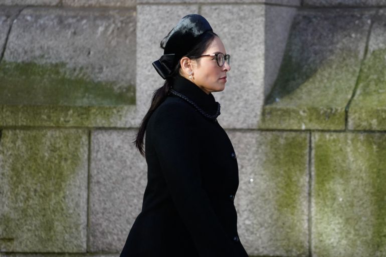 Britain's Home Secretary Priti Patel arrives to attend a requiem mass for Conservative MP David Amess at Westminster Cathedral in London on November 23, 2021. - British lawmaker David Amess was stabbed to death while meeting his constituents on October 15, 2021. Ali Harbi Ali, from north London, is accused of stabbing Amess, is set to go on trial at the Old Bailey in central London on March 7, 2022. (Photo by Niklas HALLE'N / AFP)
