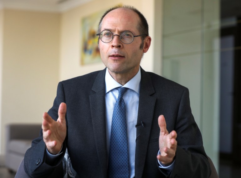 Olivier De Schutter, U.N. special rapporteur on extreme poverty and human rights gestures during an interview with Reuters, in Beirut