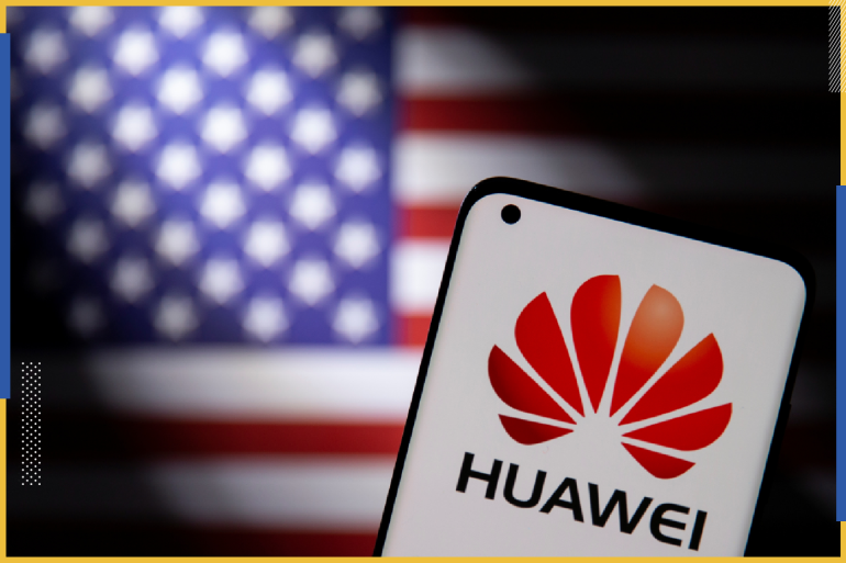 Smartphone with a Huawei logo is seen in front of a U.S. flag in this illustration taken September 28, 2021. REUTERS/Dado Ruvic/Illustration