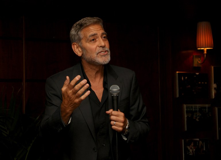 LOS ANGELES, CALIFORNIA - OCTOBER 03: George Clooney speaks onstge at the after party for the premiere of Amazon Studios "The Tender Bar" at the Sunset Tower on October 03, 2021 in Los Angeles, California. Kevin Winter/Getty Images/AFP (Photo by KEVIN WINTER / GETTY IMAGES NORTH AMERICA / Getty Images via AFP)