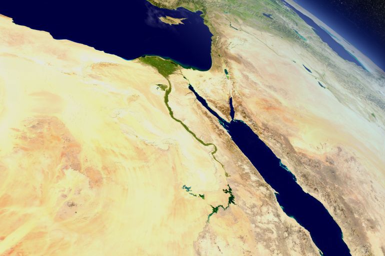 Egypt with surrounding region as seen from Earth's orbit in space. 3D illustration with highly detailed realistic planet surface and clouds in the atmosphere. Elements of this image furnished by NASA.