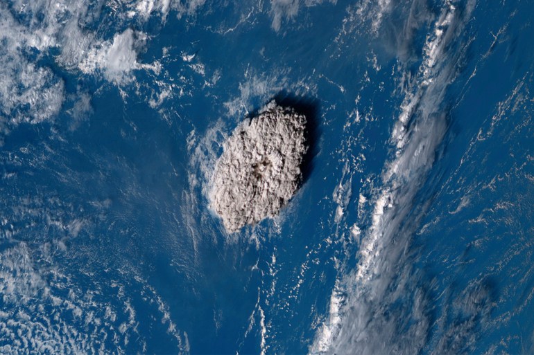 An image taken by Himawari-8, a Japanese weather satellite operated by the Japan Meteorological Agency, shows an undersea volcano eruption in the Pacific nation of Tonga [NICT via AP Photo]
