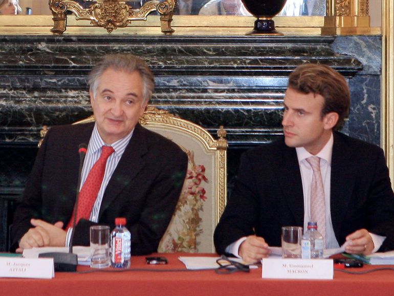 The president of the French Commission for the Liberation of Growth (CLCF) Jacques Attali (L), heads the firt meeting of the commission, flanked by then assistant rapporteur of the commission Emmanuel Macron (R), at the Senate in Paris on September 10, 2007. President of the / AFP PHOTO / JACQUES DEMARTHON (Photo credit should read JACQUES DEMARTHON/AFP via Getty Images)