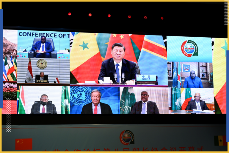 China's President Xi Jinping, Senegal's President Macky Sall, Congo's President Felix Antoine Tshisekedi, Egypt's President Abdel Fattah al-Sisi, South Africa's President Cyril Ramaphosa, United Nations (UN) Secretary General Antonio Guterres, Chairman of the African Union Commission Moussa Faki Mahamat and Comoros’ President Azali Assoumani attend the opening of the forum Forum on China-Africa Cooperation, (FOCAC) via video link in Dakar, Senegal November 29, 2021. REUTERS/Cooper Inveen