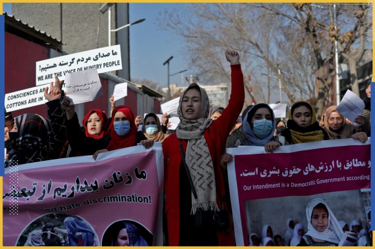 Afghan women shout slogans during a rally to protest against what the protesters say is Taliban restrictions on women, in Kabul, Afghanistan, December 28, 2021. REUTERS/Ali Khara