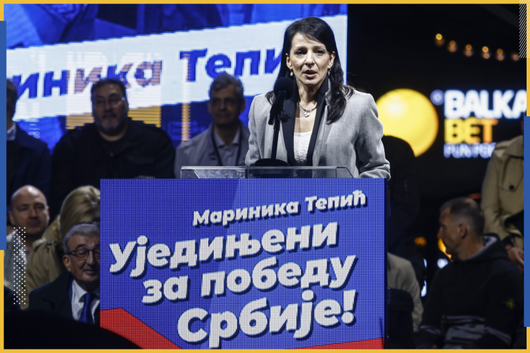 epa09862639 Opposition leader Marinika Tepic speaks to supporters during a pre-election rally of the Presidential candidate Zdravko Ponos in Belgrade, Serbia, 31 March 2022. Serbia will be holding general elections on 03 April 2022. EPA-EFE/MARKO DJOKOVIC