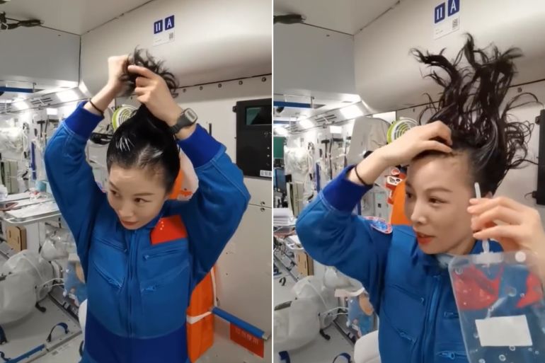 متفوقة على انعدام الجاذبية رائدة فضاء صينية تشرح كيفية غسل شعرها الطويل في الفضاء