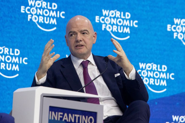 Infantino, President of FIFA gestures during a panel discussion in Davos Gianni Infantino, President of FIFA gestures during a panel discussion at the World Economic Forum 2022 (WEF) in the Alpine resort of Davos, Switzerland May 23, 2022. REUTERS/Arnd Wiegmann