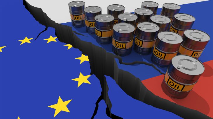 Oil barrels on background of the flags of Russia and European Union. World financial sanctions on russian oil and gas because of the invasion of Ukraine. Oil embargo. 3D render