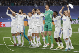 Soccer Football - Champions League - Semi Final - Second Leg - Real Madrid v Manchester City - Santiago Bernabeu, Madrid, Spain - May 4, 2022 Real Madrid players celebrate reaching the Champions League final after the match REUTERS/Juan Medina
